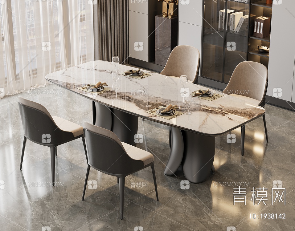 大理石餐桌椅组合 岩板餐桌 皮革餐椅 书柜