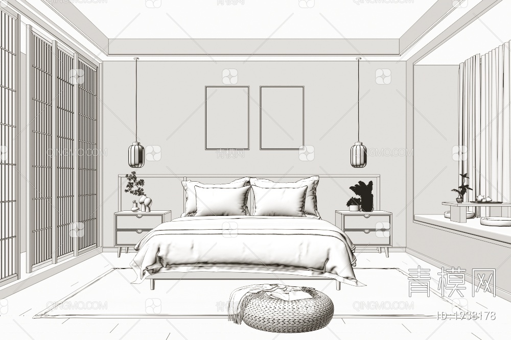 家居卧室 实木双人床 主人房 床头柜 床具组合 装饰画 吊灯 蒲团