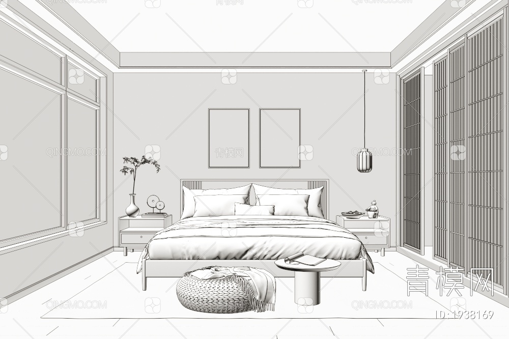 家居卧室 实木双人床 主人房 床头柜 床具组合 装饰画 吊灯 蒲团