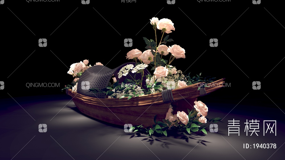 船、小舟、鲜花造景