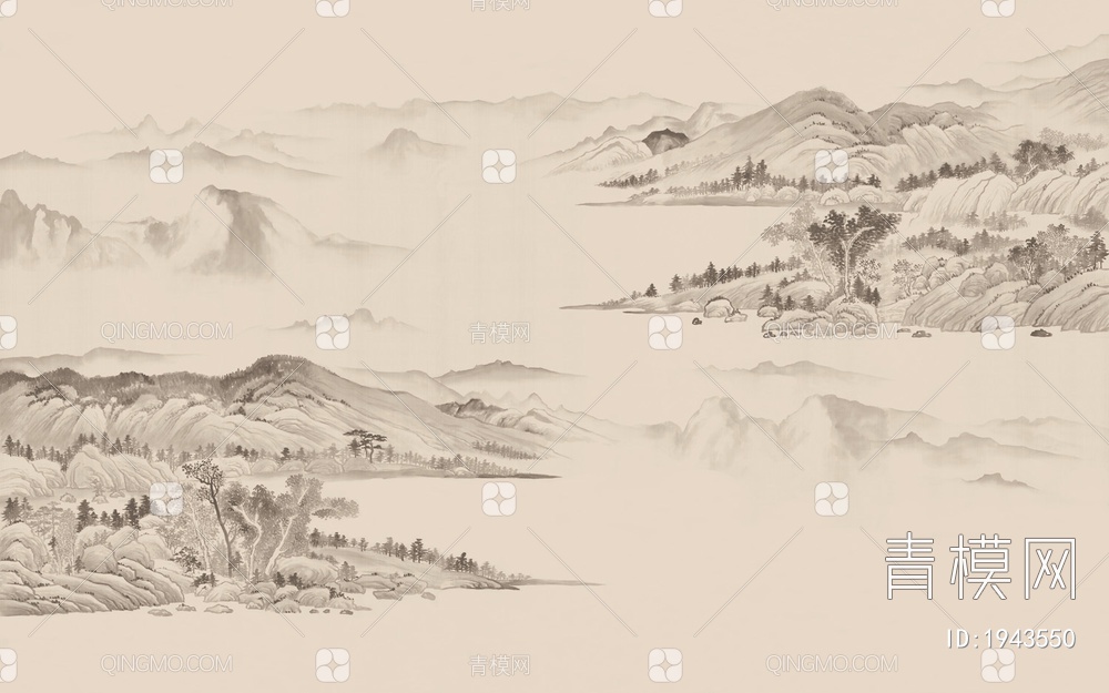 中式山水壁画，壁纸