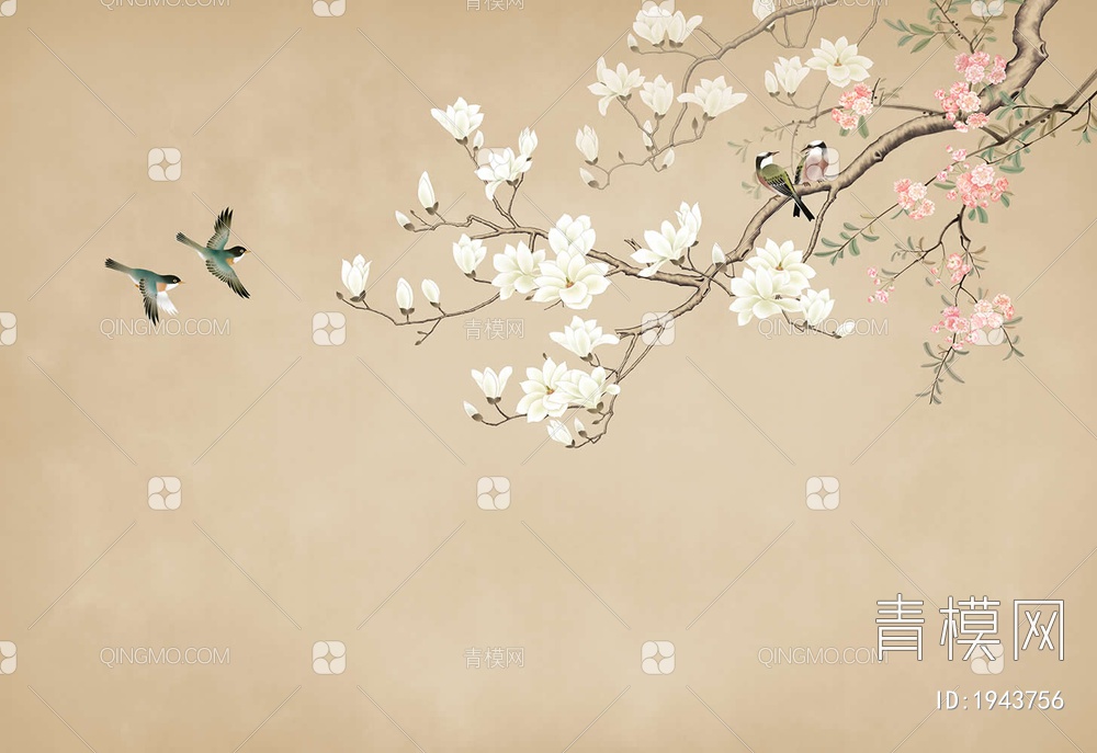 新中式玉兰花花鸟壁画