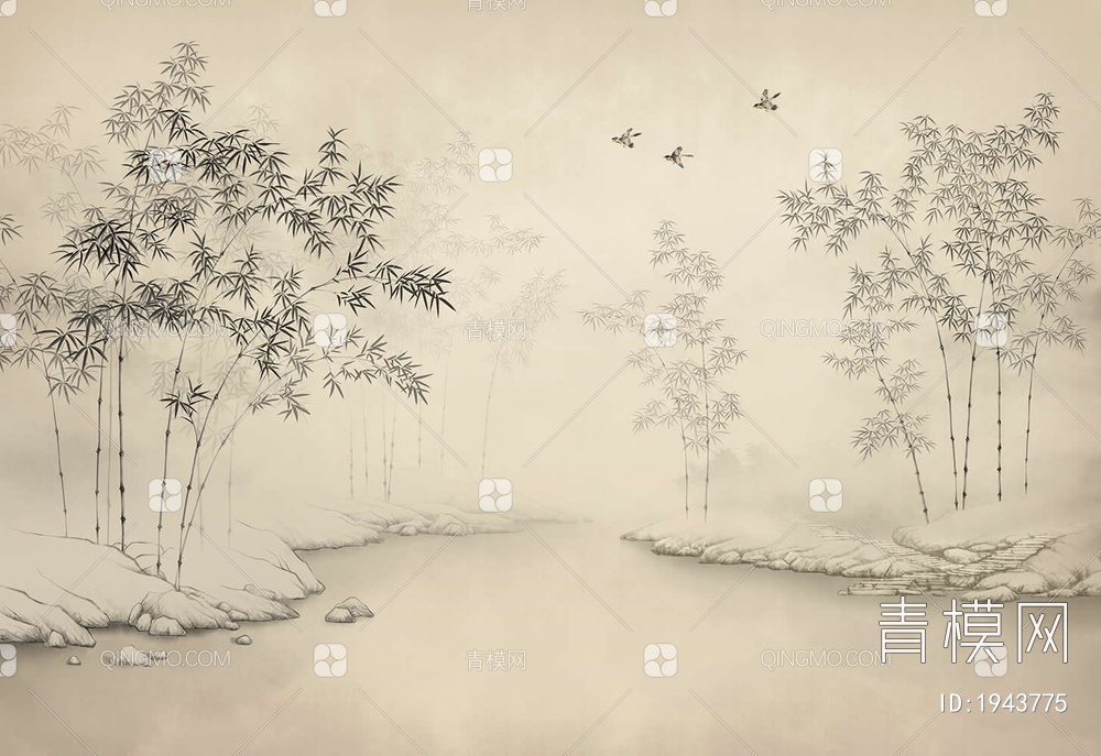 新中式山水竹林壁画贴图ID_1119793717