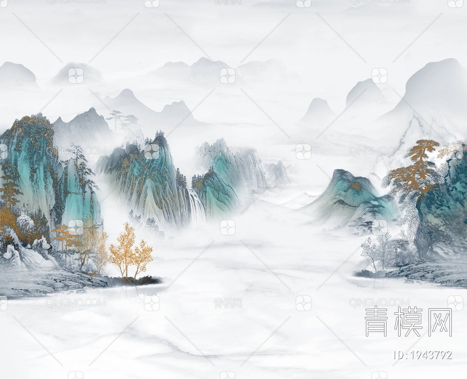 新中式山水壁画贴图ID_1121096713