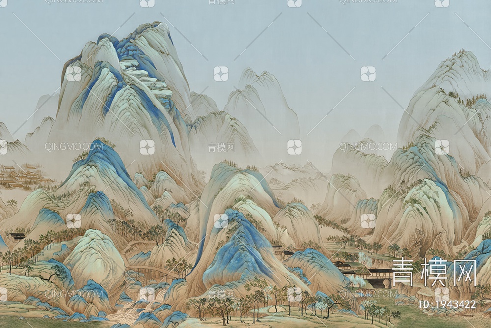 中式山水壁画，壁纸