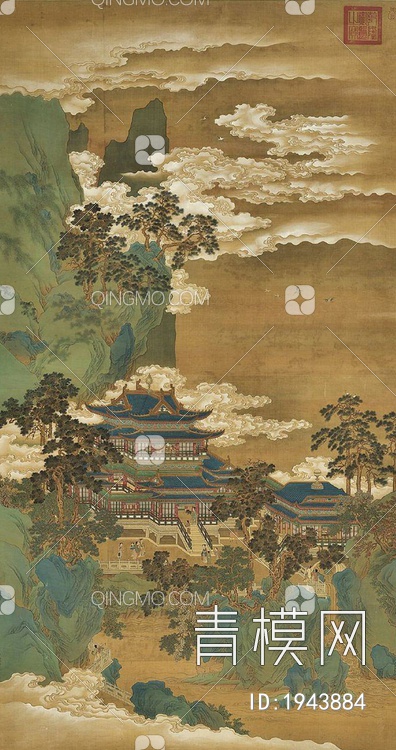 中式国画山水画卷壁纸屏风挂画贴图