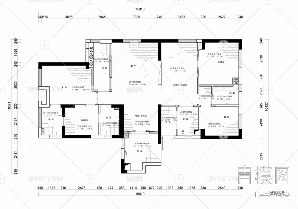 120㎡三居室家装室内施工图 家装 私宅 样板房 平层