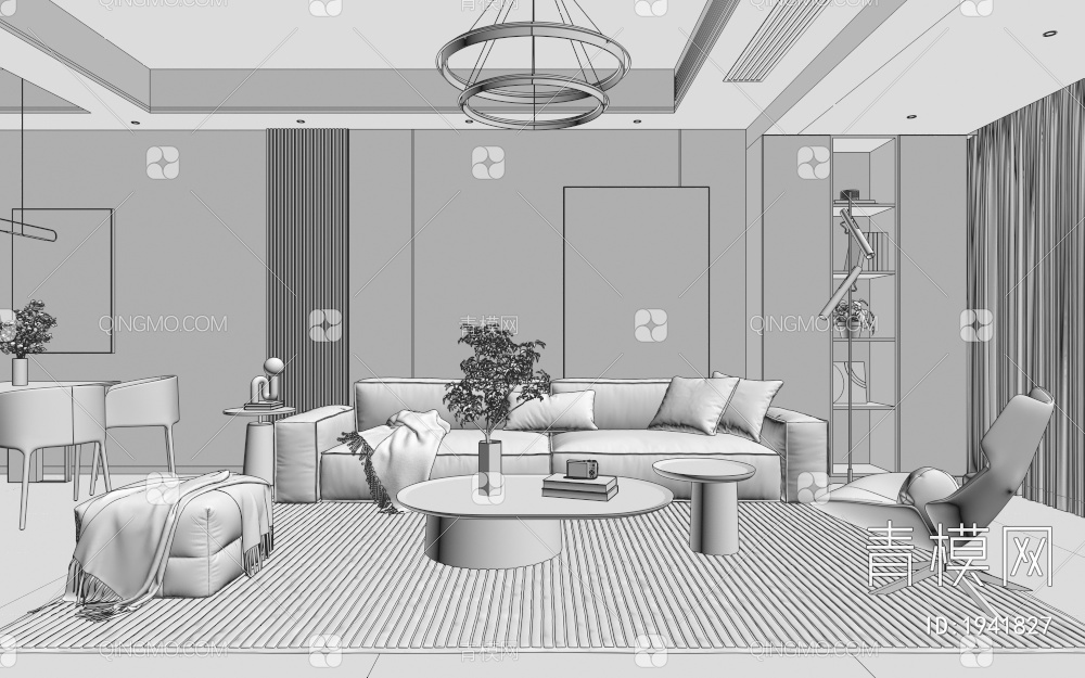 客餐厅，沙发组合，吊灯，黑白装饰画，餐桌椅组合，卧室门，电视机，单椅