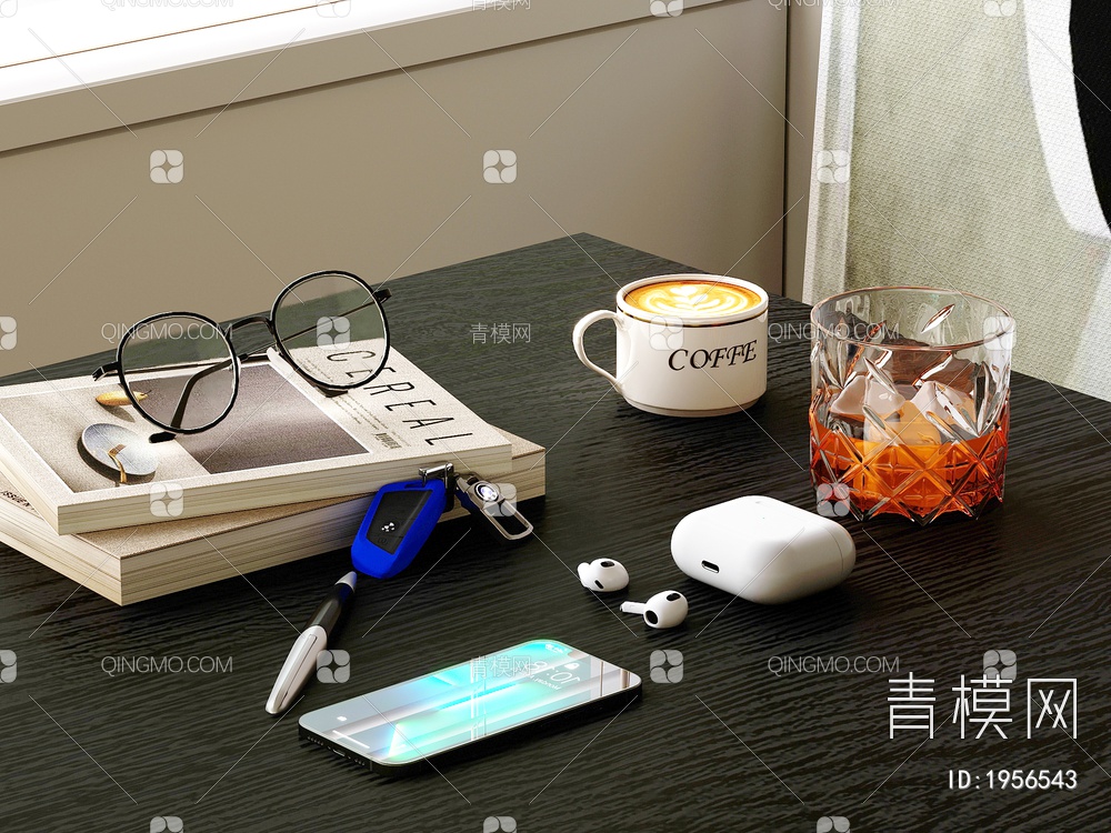 咖啡，眼镜，车钥匙，耳机摆件