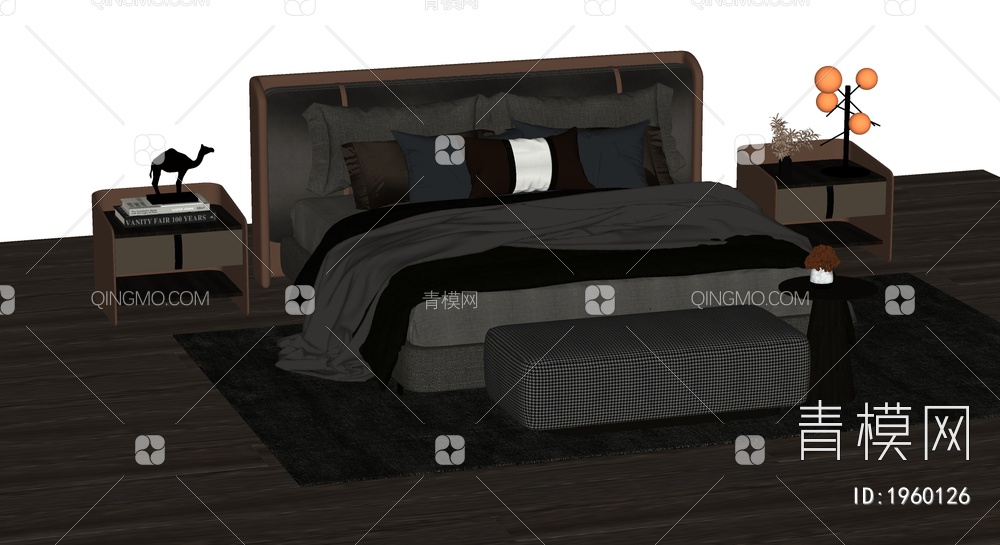 双人床 床头柜 枕头 台灯 地毯