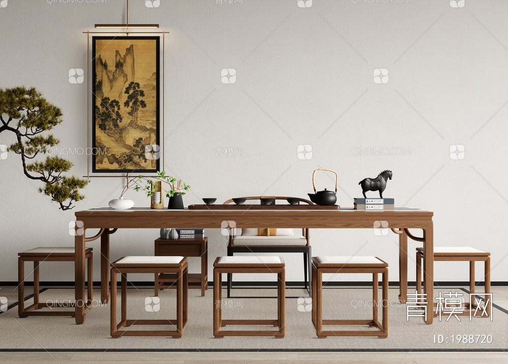 茶桌椅组合 茶台 茶具 装饰挂画 松树