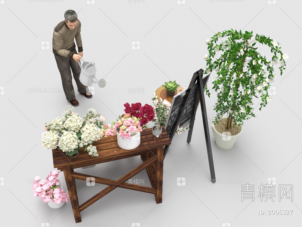 老人浇花场景， 鲜花