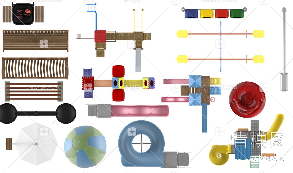 psd免抠彩平素材户外游乐设施滑梯遮阳伞座椅
