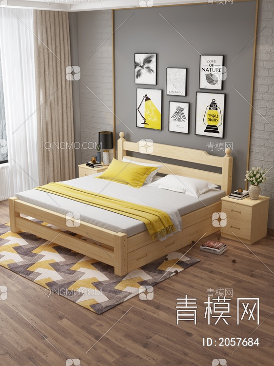 卧室实木双人床 床头柜组合