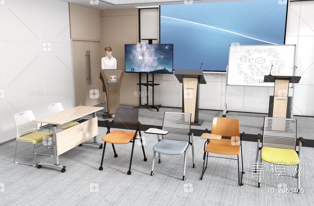 培训室 培训桌椅 演讲台 移动白板电视