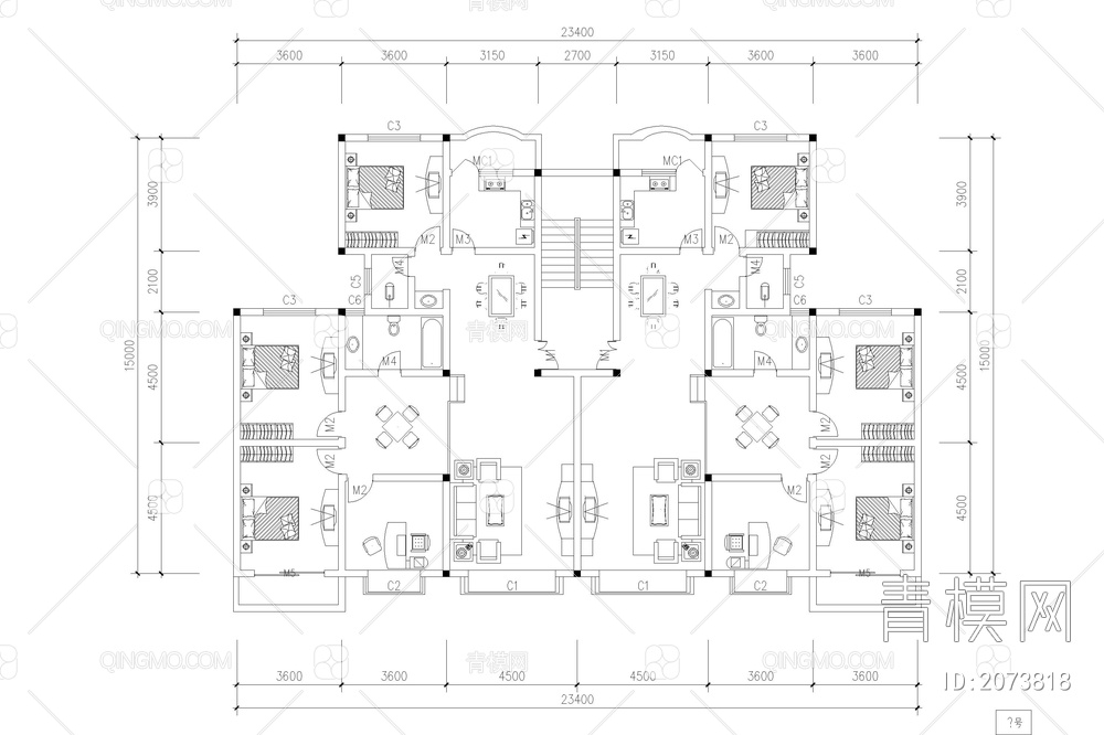 一梯两户户型CAD平面图纸库高层住宅小区建筑居住区室内布局规划