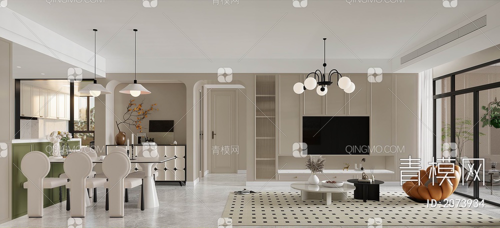 106㎡家装设计施工图+效果图  家装 私宅 平层 样板房 开敞厨房