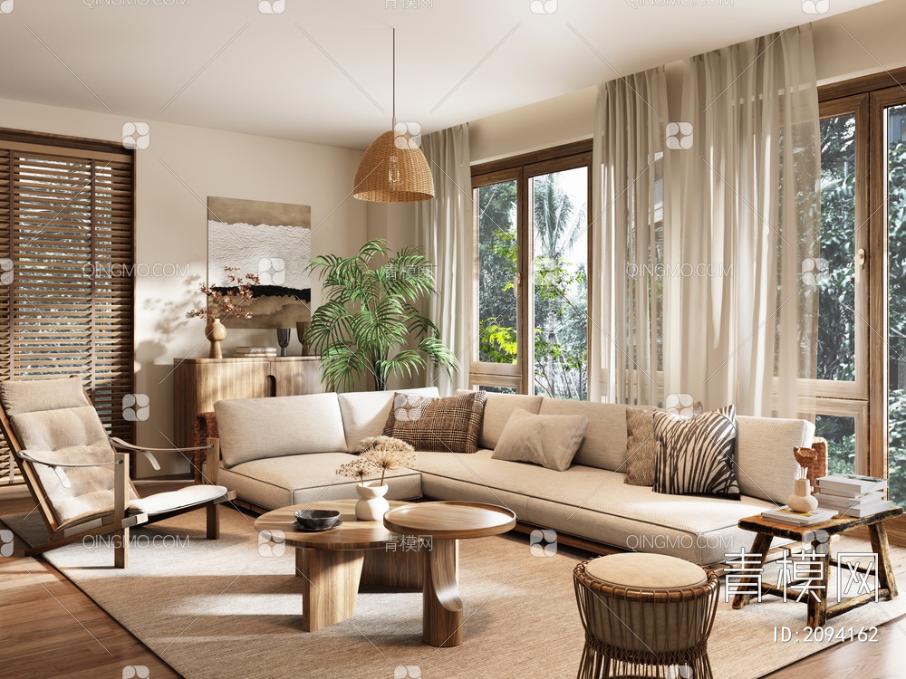 别墅客厅 大平层 沙发茶几组合 木沙发 三人沙发 休闲椅 吊灯