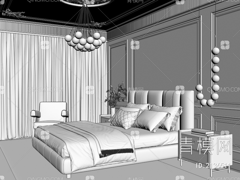 卧室 雕花吊顶 背景墙 皮革双人床 床头柜组合