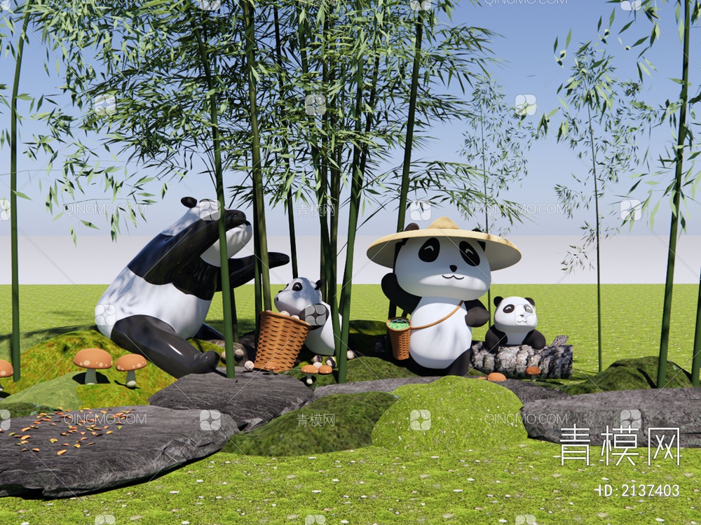 雕塑 熊猫 卡通 竹林 竹子