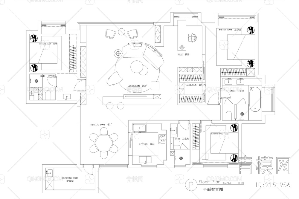 室内家装方案设计PS彩平图PSD平面图CAD户型图配套布局图