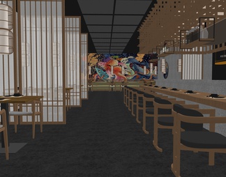 日料餐厅 餐桌 餐椅 吊灯 隔断 格栅