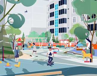 PSD免扣插画风建筑鸟瞰效果图
