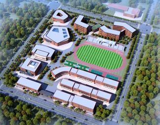 学校 鸟瞰 规划 教学楼 图书馆 体育馆 操场 看台