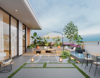 屋顶花园 水景 休闲椅 户外餐桌