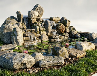 叠石水景 景观小品 鱼池假山 庭院 景观 叠水 瀑布 生态   乡村 造景