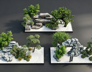 禅意枯山水 景观小品 庭院景观 假山造景 方形 模块化 石组 白沙 耙纹 景观 室内 造景