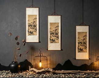 水墨画卷轴  干花 三联画 禅意端景 茶室 背景墙 挂画 宋式美学