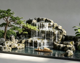 枯山水微缩景观 水景 庭院 假山 瀑布 松树 石灯笼 禅意 茶室 端景